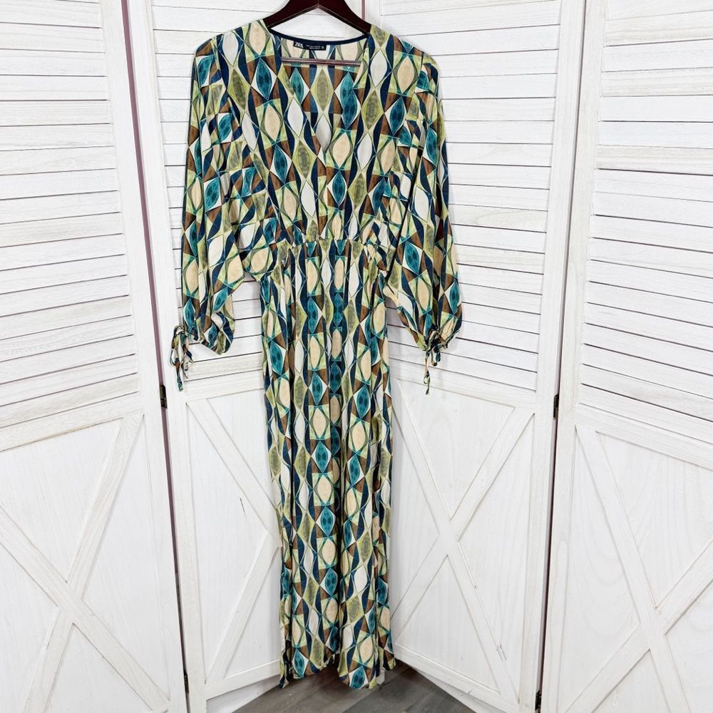 Zara Geometric Print Sateen Maxi Dress Green Blue Tan‎ Long Sleeve Small - Picture 8 of 13